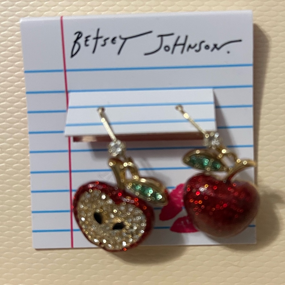 NWT Betsey Johnson Glittering Red Apple Earrings